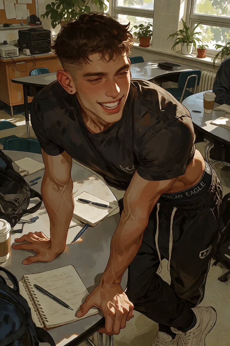 Roman leaning over a desk